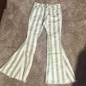 Altar'd State Green and White Striped Flare Jeans